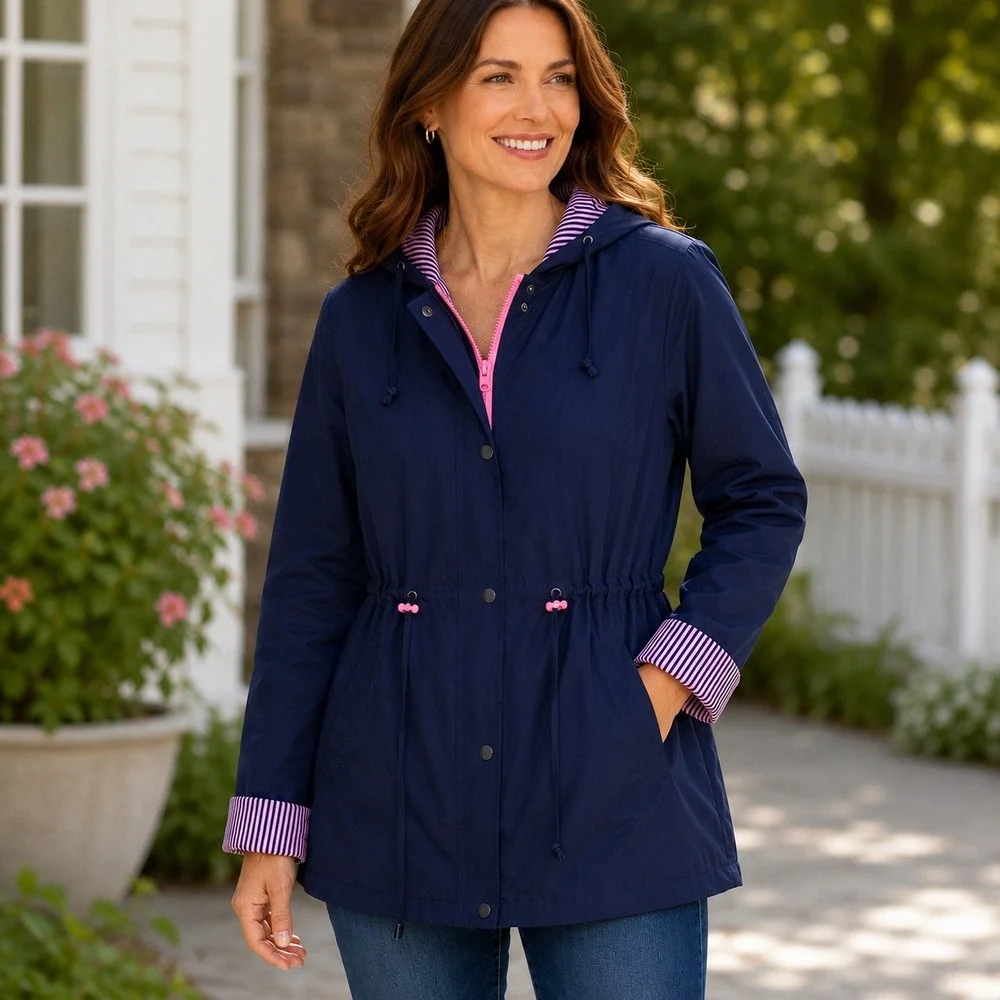 Kim Rogers Women's Navy Hooded Rain Jacket Pink Stripe Lined Drawstring XXL Coat